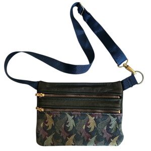 Handmade by Pat Halpen Green Leather and Tapestry Fabric Waist Pack Sling Bag